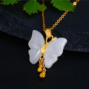 UBESTNICE Classic Genuine 18K Yellow Gold Natural White Jade Butterfly Pendant Fine Jewelry AU750 Necklaces For Women Party Gift