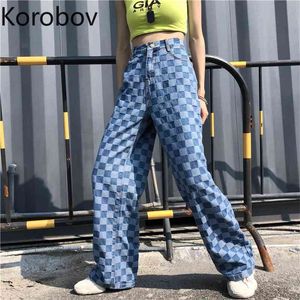 Korobov koreanska sweatpants femme vintage chic hög midja kvinnor plaid byxor höst streetwear bredben byxor 210430