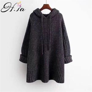 Women Winter Clothes Hooded Long Sweater Jumpers Knit Pull Femme Oversized Striped Grey Chic Girls Tops 210430