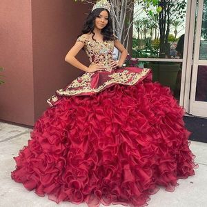 دفن الذهب التطريز فساتين Quinceanera 2024 قبالة الكتف كريستال أورجانزا كرات الكرة الكشكش الحلو 16 فستان حفلة موسيقية