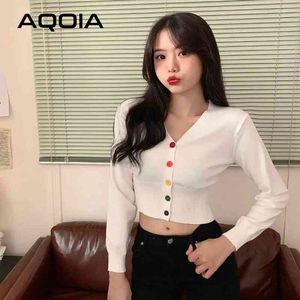 Jesień Streetwear Multicolor Button Up Kobiety Sweter Z Długim Rękawem Dzianiny Kobiet Krótkie Swetry Koreański Styl Kobiet Kartiganów 210521