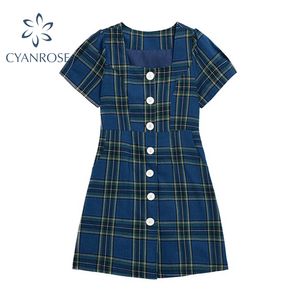 Plaid Cardigan Crop Dress Donna Estate Nuovo manica corta Mini abiti coreano femminile casual vintage stile preppy abiti 210417