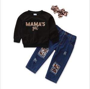 Höst mode barn baby flicka kläder set svart långärmad t-shirt toppar + leopard jeans byxor + huvudband outfit 1-6y