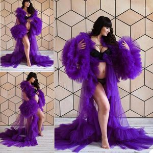 Kobiety Sleepwear Sexy Eleganckie Dresses Maternity Custom Made Losted Ruffles Tulle Długą Rękaw Suknia na Party Prom Photojas Nightgown