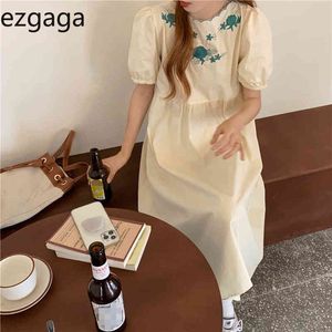 EZGAGA Yaz Yeni Vintage Chic Kadınlar Elbise Puf Kısa Kollu Çiçek Nakış Gevşek Katı Kore Moda Zarif Vestidos 210430