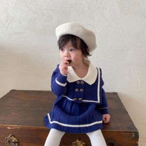 Tjejens klänningar 2021 Höst Baby Girls Stickad Klänning Spansk Toddler Tjej Sticka One-Piece Koreanska Barn Spädbarn Navy Blå Knitwear Kläder