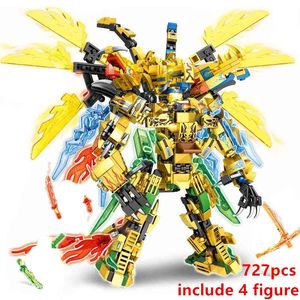 Toy 4in1 2021 Ninja-serien Golden Warrior Mech Mecha Robot Dragon Säsong 14 Byggnadsblock Klassisk Modell Set Bricks Kids Kits X0503