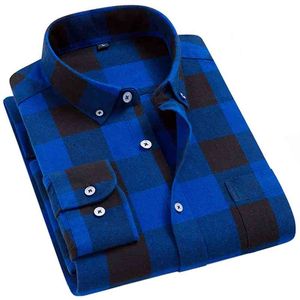 100% Bomull Flannel Mäns Plaid Casual Shirt, Regular-Fit Långärmad Button-Down Collar Shirt, Vår Höst Male Social Shirt 210714