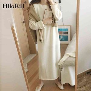 Women O Neck Knitted Dress Batwing Long Sleeve Basic Casual Straight Soft Home Style Ladies es Vestidos 210508