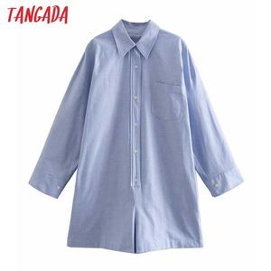 Tangada 여성 세련 된 패션 대형 블루 플레이 재생 빈티지 긴 소매 단추 여성 짧은 점프 2W82 2W82 210609
