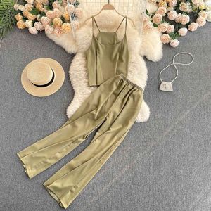 SINGREINY Women Summer Korean Fashion Solid Set Sexy Sleeveless Strap Short Tops+High Waist Wide Leg Long Pants Two Piece Suits 210419