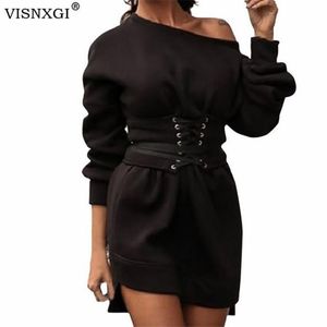 Slash Neck Dress Lace-up Bandage Dresses Autumn Women Sweatshirts Patchwork Long Sleeve Plus Size Mini Loose Hoodies Casual