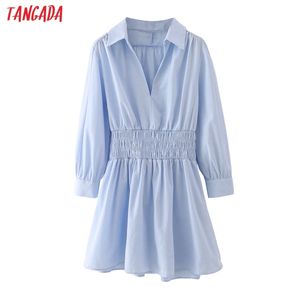 Fashion Women Blue Shirt Long Sleeve Strethy Waist Office Ladies Mini Dress 5X14 210416