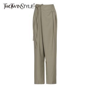 Twotwinstyle Ruched Solid Loose Spodnie Dla Kobiet Wysokiej Wasit Lace Up Bowknot Minimalistyczne spodnie dorywczo Odzież mody 210517
