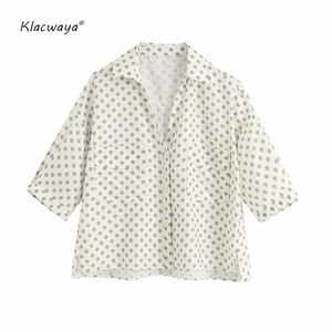 women polka dot t-shirts summer fashion ladies turn down collar half sleeve pocket shirts chic girls casual style 210521