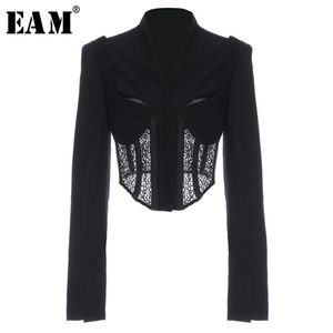 [Eam] mulheres laço preto irregular short blazer lapela manga longa solta apto jaqueta moda primavera outono 1y566 211122