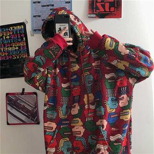 Vermelho Impressão Moletom Mulheres Gótico Hoodies Oversized Hoodie Harajuku Kpop Hood Hooded Solta BF Estudante Casaco Estudante Espera Mo Streetwear 210927