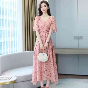 Koreański styl lato słodka kwiecisty sukienka szyfonowa długa spódnica V Neck damska moda 210507