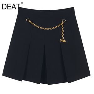 Solid Black Gold Chain Decoration High Waist Half Skirt Women Fashion Temperament Pleated Summer GX717 210421