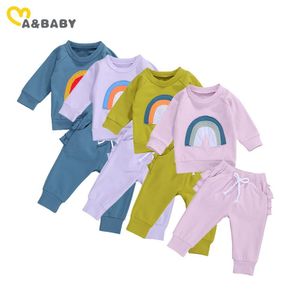 0-3Y Höst Winter Toddler Spädbarn Född Babyflickor Kläder Set Rainbow Långärmad Topp Ruffles Byxor Outfits Kläder 210515