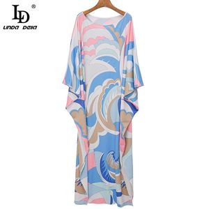 Mode Runway Sommar Kvinnor Lös Vintage Golvlängd Klänning Kvinna O-Neck Batwing Sleeve Utskrift Maxi Klänningar 210522