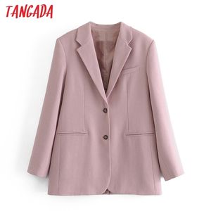 Tangada Women Pink Blazer Coat Vintage Notched Collar Pocket Fashion Female Casual Chic Tops 3H212 210930