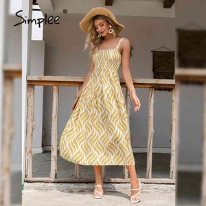 Holiday leaf printing spaghetti A-line sexy Summer smocking boat neck dresses women High waist casual dress 210414