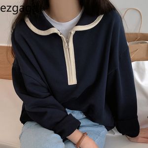 Ezgaga kvinnor Sweatshirt Streetwear Koreanska Chic Höst Nedgång Krage Zipper Loose Pullover Ladies Toppar Mode Casual 210430