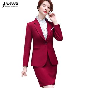 Roter Anzug Frühling Temperament Mode Business Formal Langarm Slim Blazer und Rock Büro Damen Arbeitskleidung Schwarz 210604