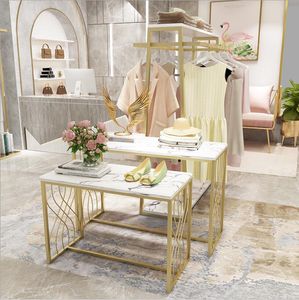 Clothing store table display rack Commercial Furniture Island double row gold shoe bag displays tables