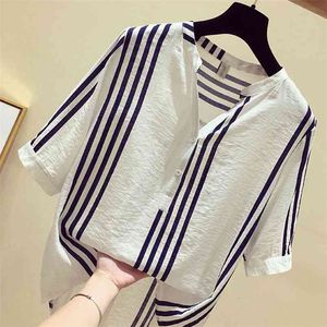 Summer Women Shirt Plus Size Short Sleeve Loose Casual V-neck Ladies Tops Vertical Striped Blouses Big S-5XL D19 210512