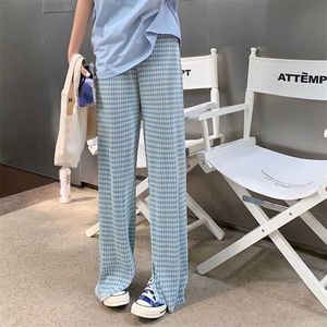 HziriP Blue Plaid Slit High Waist Draping Thin Loose Women Chic Fashion All-Match Straight Pleated Casual Mopping Pants 211115