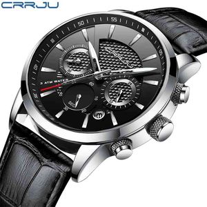 CRRJU Fashion Sport Quartz Watches Men Luxury Business Leather Watch Waterproof Wristwatches Male Clock Relogio Masculino 210517