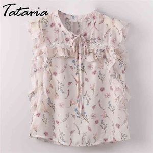 Tataria lös blommig tryckt chiffongblus Kvinnor Eleganta Ruffles Blusskjorta Ärmlös Bow Tied Neck Camisas Blusas Toppar 210514