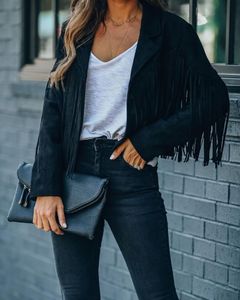 Saçaklı Ceket Kadınlar toptan satış-Saçaklı Kadın Deri Ceket Sonbahar Moda Kadınlar Için Ince Kısa Mont Giysi Uzun Kollu Katı Streetwear