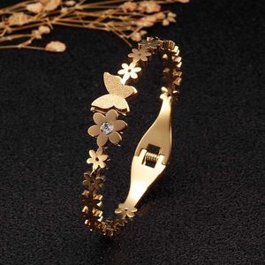 Mode söt blomma kvinnor kvinnlig charm manschett Bangles rostfritt stål guld plätering bröllopsfest märke armband smycken gåva Q0719