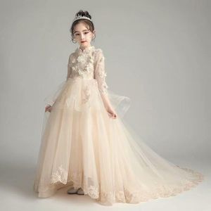 Flower Girl Dresses lace Baby Infant Dress Kids Formal Wear Floor-length Tiered Half High Collar