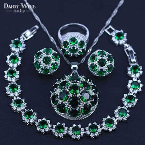 Fashion Silver Color Costume Gioielli Set Bella rotonda Pietra cz Pietra e Green Crystal Collana Anello per orecchini Set per le donne presente H1022