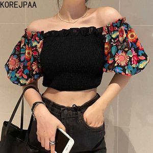 Korejpaa Camisa Mulheres Verão Coreano Chic Senhoras Sexy One-Line Collar Off-ombro dobra Flower Slow Sleeves Stitching Blouse 210526