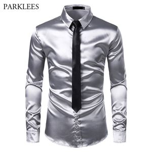 2pcs Silver Silk Shirt+Tie Mens Satin Smooth Tuxedo Shirts Casual Button Down Men Dress Wedding Party Prom Chemise Homme 210721