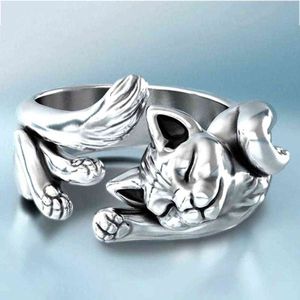 Luksusowy Vintage Unisex Sleeping Cats Silver Plated Otwarcie Palec Ring Jewelry Decor Decor Prezent na nowy