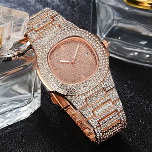 2020 Mode Kvinnor Rose Gold Klockor Lyxigt stål Rhinestone Quartz Clock Ladies Saat Full Diamonds Watch Relogio Feminino G1022