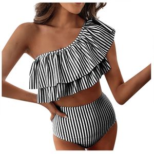 Damen-Badebekleidung, Bikini, gestreift, gekräuselt, sexy, einteiliger Schultergurt, geteilter Badeanzug, Damen, Sommer, mittlere Taille, modisches Strand-Set