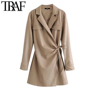 TRAF Kobiety Chic Moda Faux Leather Wrap Mini Dress Vintage Z Długim Rękawem Sznurek Tie Waist Kobiet Sukienki Mujer 210415