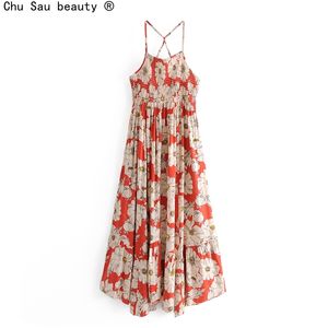 Sommer Boho Zurück Hohl Große Schaukel Unregelmäßige Vintage Gedruckt Sling Brust Wrap Kleid Urlaub Stil Langen Rock Weibliche 210508