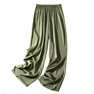Women's Pants & Capris 2022 Summer High Waist Elegant Wide Leg For Women Silk Satin Loose Casual Solid Color Trousers