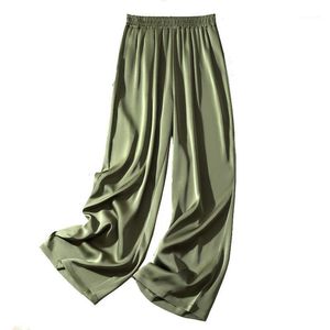 Pantaloni da donna Capris 2022 estate vita alta elegante gamba larga per donna pantaloni casual tinta unita larghi in raso di seta