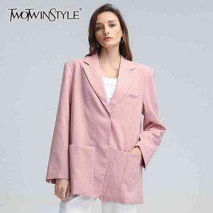 Blazer casual per donna colletto dentellato tasche a maniche lunghe cappotti rosa coreani allentati abbigliamento autunnale femminile 210524