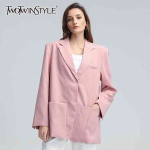 Casual Blazer para Mulheres Notched Collar Longa Manga Bolsos Loose Coreano Rosa Casacos Feminino Outono Roupas 210524