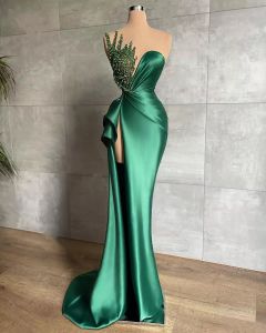 2022 Hunter Green Mermaid aftonklänningar för afrikanska kvinnor lång sexig sida hög split glänsande pärlor ärmlösa formella parti illusion229g